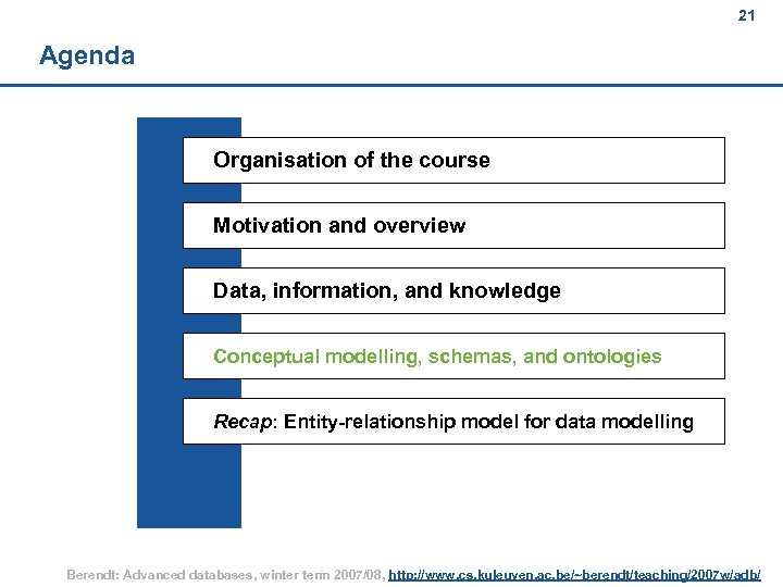 21 Agenda Organisation of the course Motivation and overview Data, information, and knowledge Conceptual