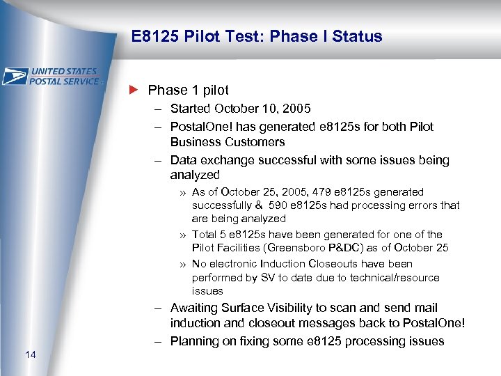 E 8125 Pilot Test: Phase I Status Phase 1 pilot – Started October 10,