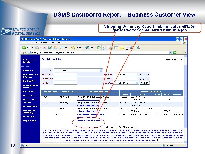 DSMS Dashboard Report – Business Customer View Shipping Summary Report link indicates e 8125