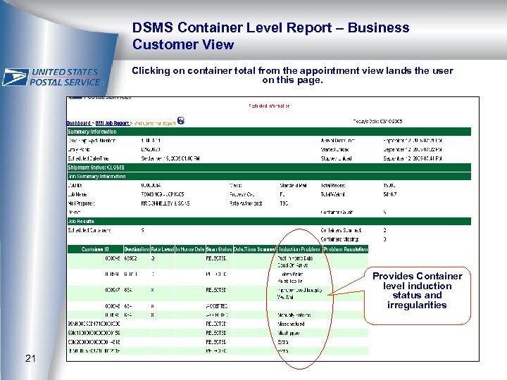 DSMS Container Level Report – Business Customer View Clicking on container total from the