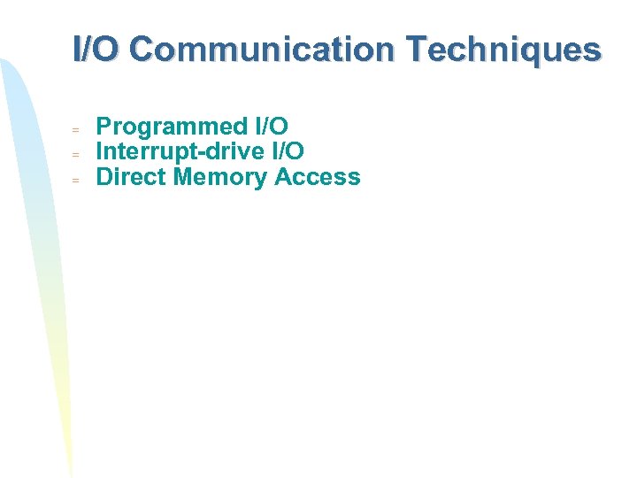 I/O Communication Techniques = = = Programmed I/O Interrupt-drive I/O Direct Memory Access 