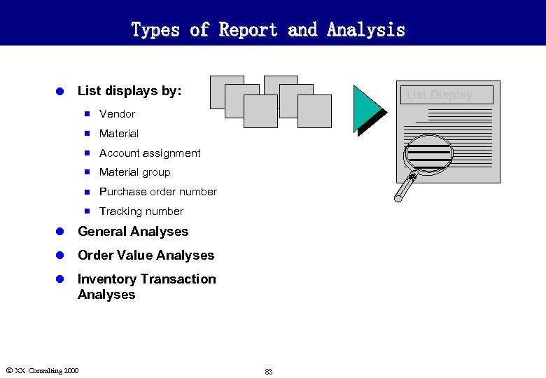 Types of Report and Analysis l List displays by: n Vendor n Material n