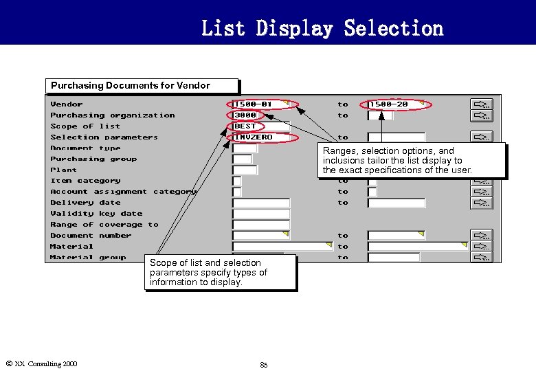 List Display Selection Purchasing Documents for Vendor Ranges, selection options, and inclusions tailor the