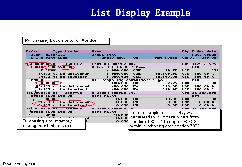 List Display Example Purchasing Documents for Vendor In this example, a list display was