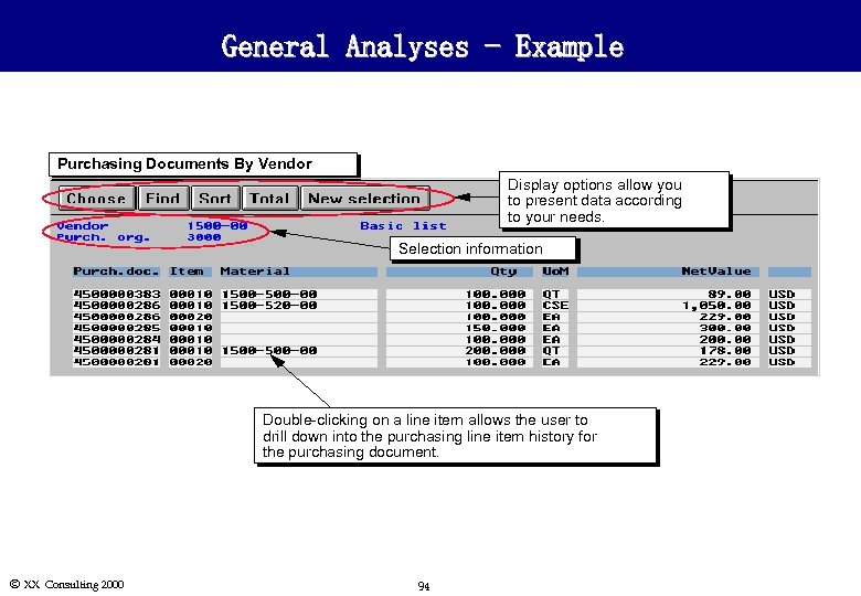 General Analyses - Example Purchasing Documents By Vendor Display options allow you to present