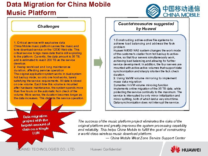 Data Migration for China Mobile Music Platform Countermeasures suggested by Huawei Challenges 1. Critical