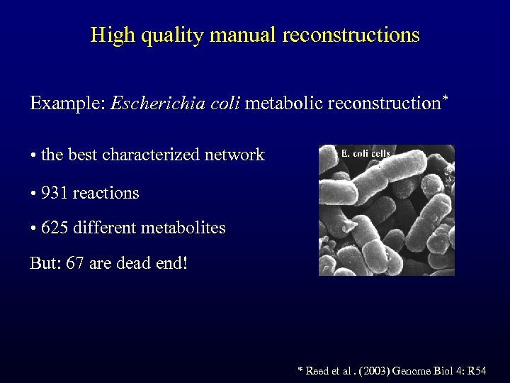 High quality manual reconstructions Example: Escherichia coli metabolic reconstruction* • the best characterized network