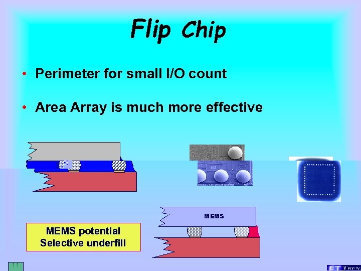 Flip Chip • Perimeter for small I/O count • Area Array is much more