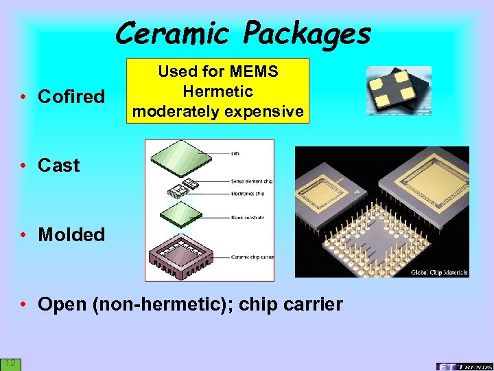 Ceramic Packages • Cofired Used for MEMS Hermetic moderately expensive • Cast • Molded