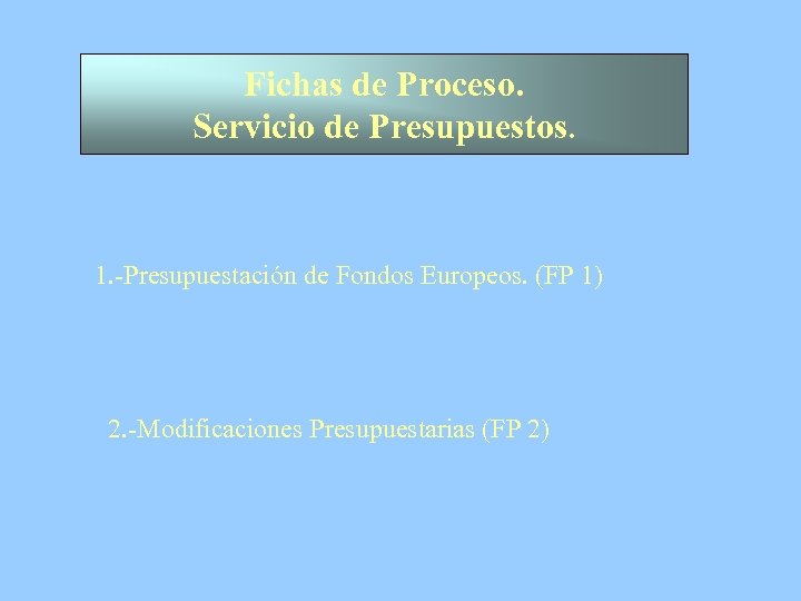 Fichas de Proceso. Servicio de Presupuestos. 1. -Presupuestación de Fondos Europeos. (FP 1) 2.