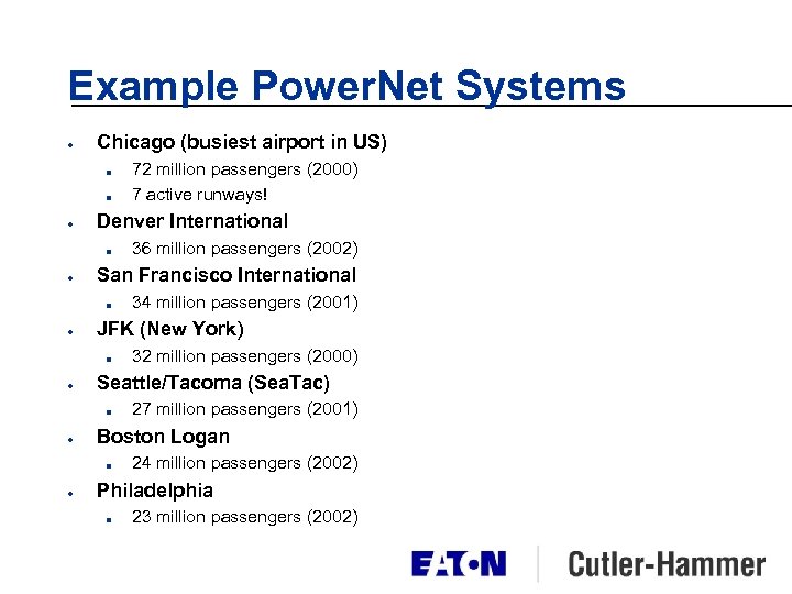 Example Power. Net Systems l Chicago (busiest airport in US) n n l Denver