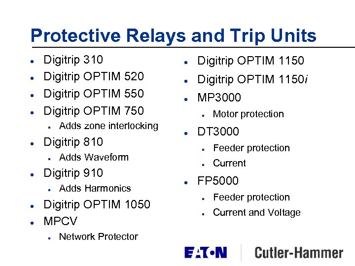 Protective Relays and Trip Units l l Digitrip 310 Digitrip OPTIM 520 Digitrip OPTIM