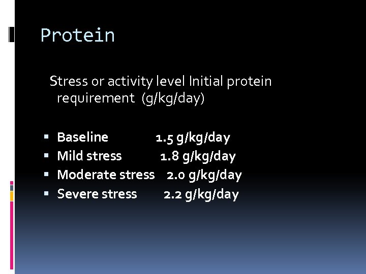 Protein Stress or activity level Initial protein requirement (g/kg/day) Baseline 1. 5 g/kg/day Mild