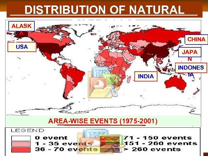 DISTRIBUTION OF NATURAL DISASTERS ALASK A CHINA USA JAPA N INDIA AREA-WISE EVENTS (1975