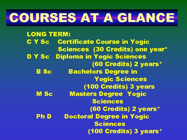 COURSES AT A GLANCE LONG TERM: C Y Sc Certificate Course in Yogic Sciences