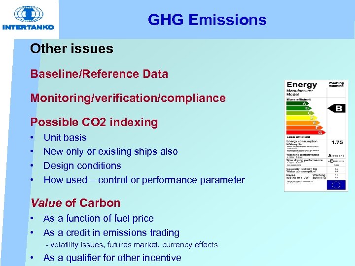 GHG Emissions Other issues Baseline/Reference Data Monitoring/verification/compliance Possible CO 2 indexing • • Unit