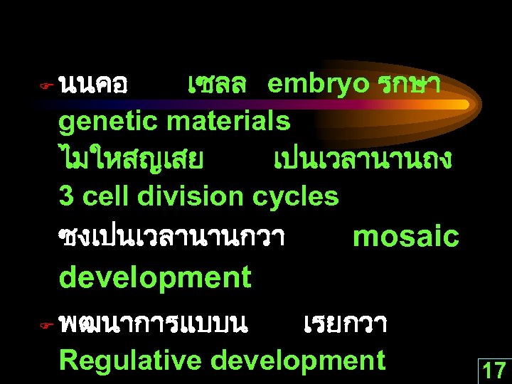 F นนคอ เซลล embryo รกษา genetic materials ไมใหสญเสย เปนเวลานานถง 3 cell division cycles ซงเปนเวลานานกวา