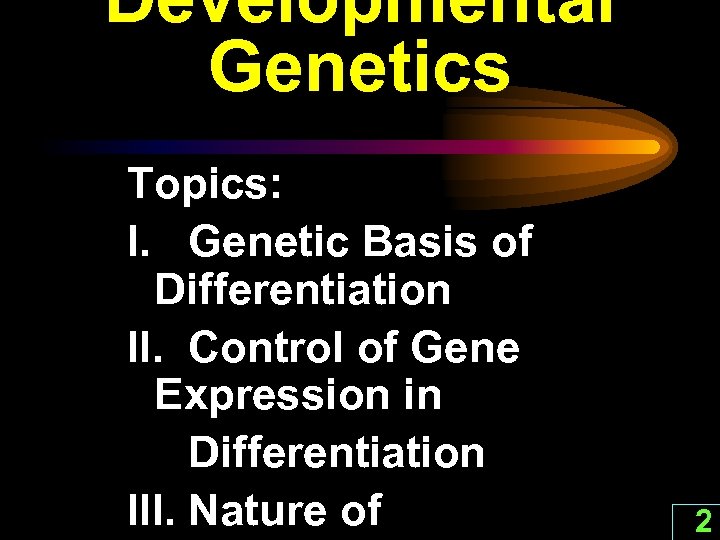Developmental Genetics Topics: I. Genetic Basis of Differentiation II. Control of Gene Expression in