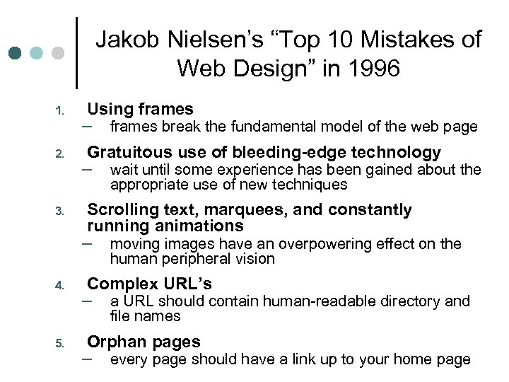 Jakob Nielsen’s “Top 10 Mistakes of Web Design” in 1996 1. 2. 3. Using