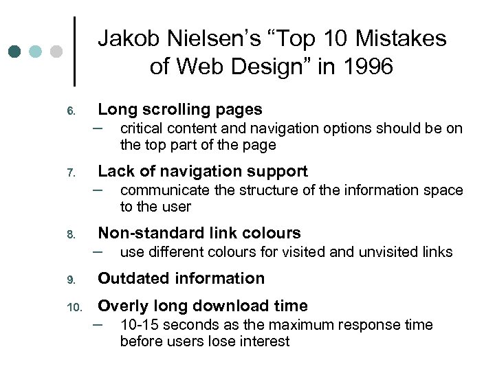 Jakob Nielsen’s “Top 10 Mistakes of Web Design” in 1996 6. Long scrolling pages