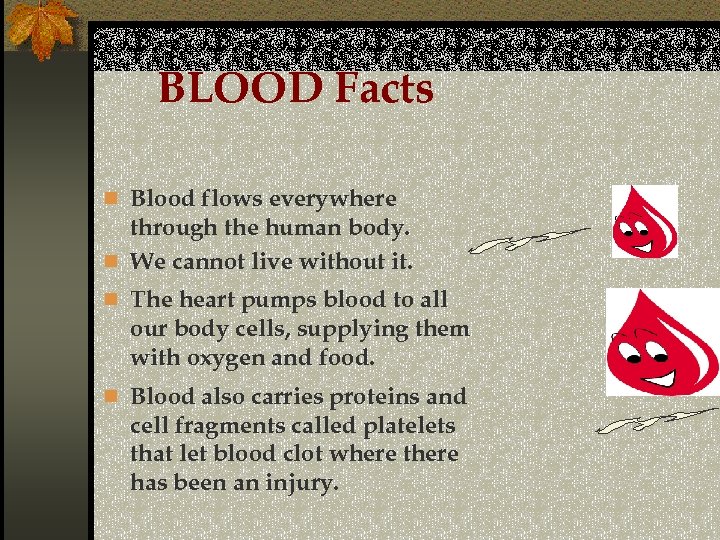 BLOOD Facts n Blood flows everywhere through the human body. n We cannot live