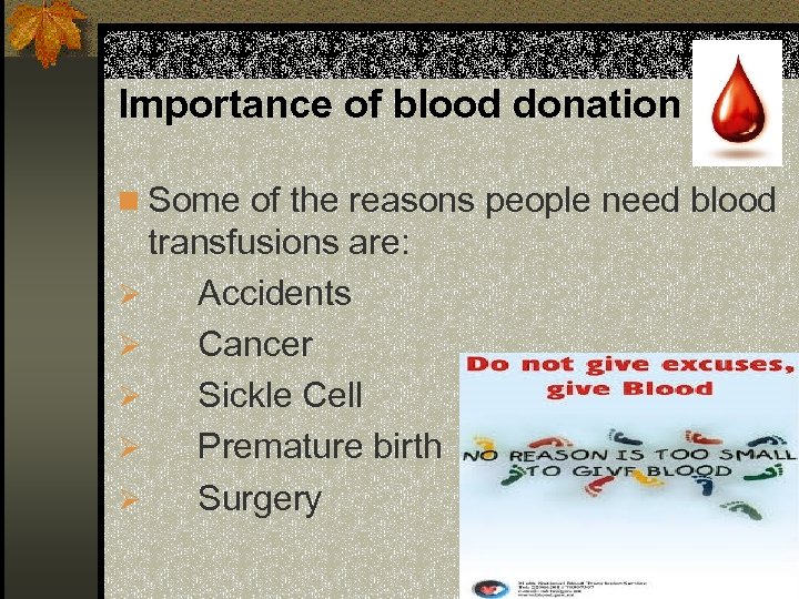 Importance of blood donation n Some of the reasons people need blood transfusions are: