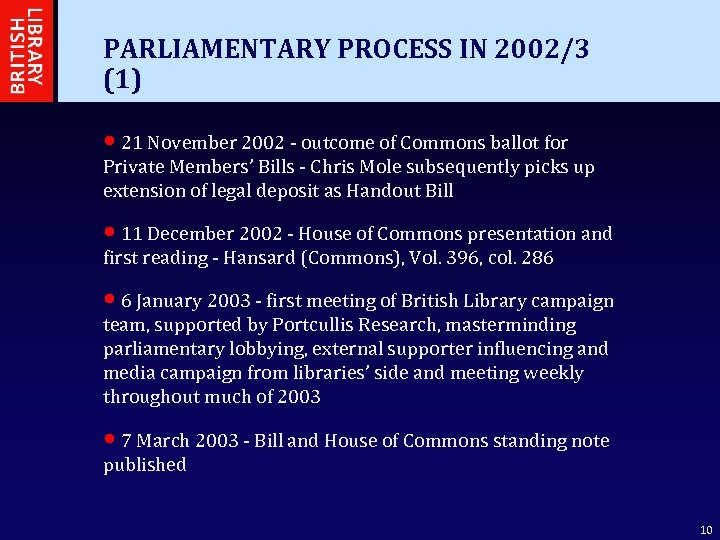 PARLIAMENTARY PROCESS IN 2002/3 (1) • 21 November 2002 - outcome of Commons ballot