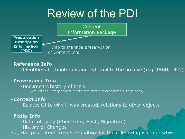 Review of the PDI Content Information Package Preservation Description Information (PDI) - Info to
