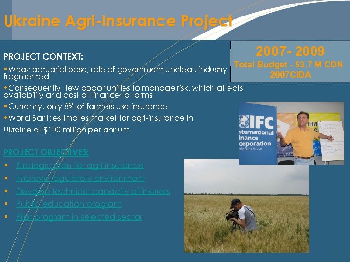 Ukraine Agri-Insurance Project PROJECT CONTEXT: 2007 - 2009 Total Budget - $3. 7 M