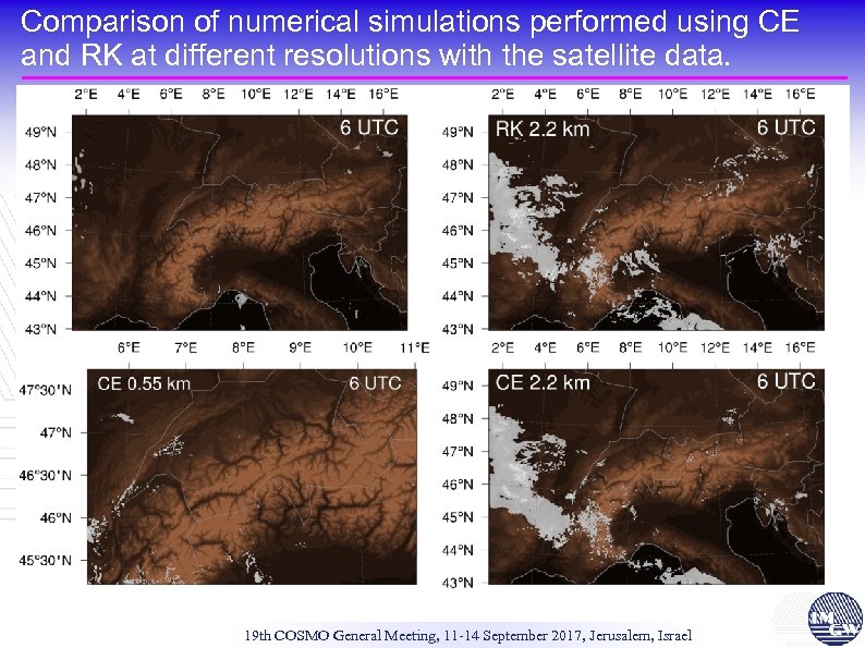 Comparison of numerical simulations performed using CE and RK at different resolutions with the