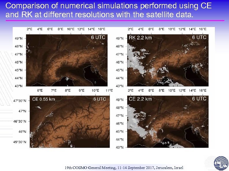 Comparison of numerical simulations performed using CE and RK at different resolutions with the