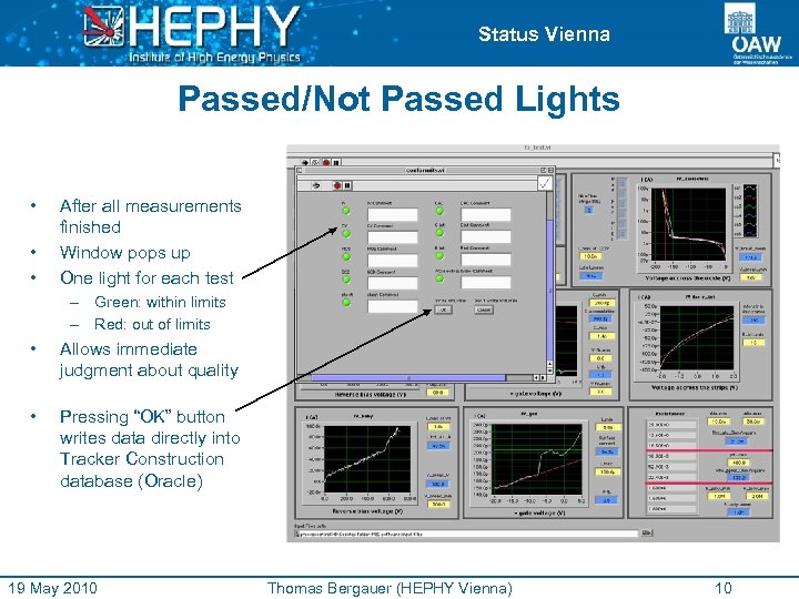 Status Vienna Passed/Not Passed Lights • • • After all measurements finished Window pops