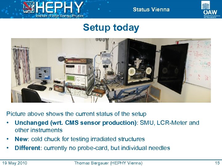 Status Vienna Setup today Picture above shows the current status of the setup •