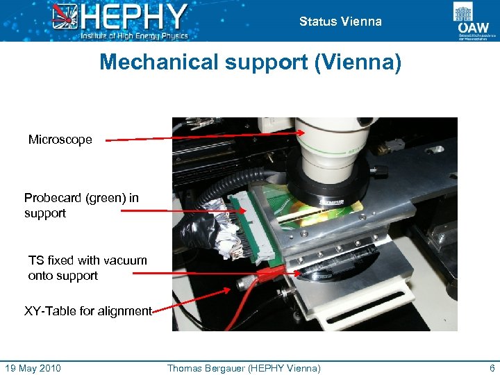 Status Vienna Mechanical support (Vienna) Microscope Probecard (green) in support TS fixed with vacuum