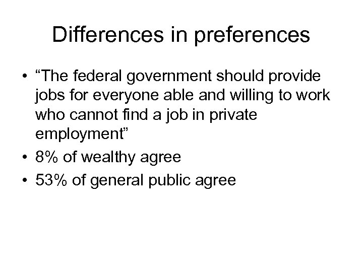 Differences in preferences • “The federal government should provide jobs for everyone able and