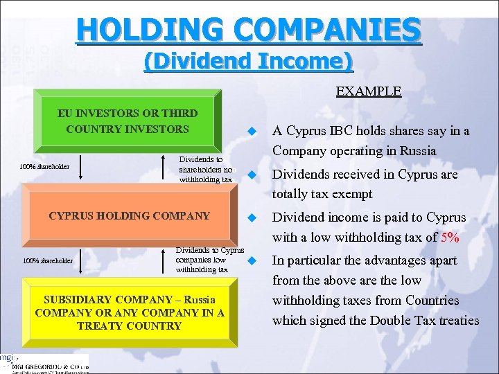 HOLDING COMPANIES (Dividend Income) EXAMPLE EU INVESTORS OR THIRD COUNTRY INVESTORS 100% shareholder Dividends