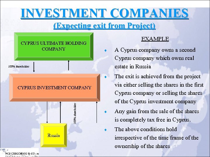 INVESTMENT COMPANIES (Expecting exit from Project) CYPRUS ULTIMATE HOLDING COMPANY EXAMPLE A Cyprus company