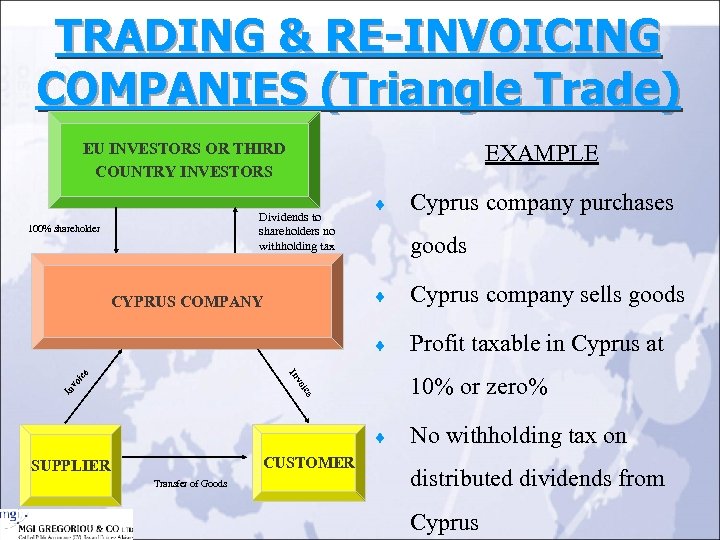 TRADING & RE-INVOICING COMPANIES (Triangle Trade) EXAMPLE EU INVESTORS OR THIRD COUNTRY INVESTORS Dividends