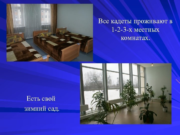 Все кадеты проживают в 1 -2 -3 -х местных комнатах. Есть свой зимний сад.
