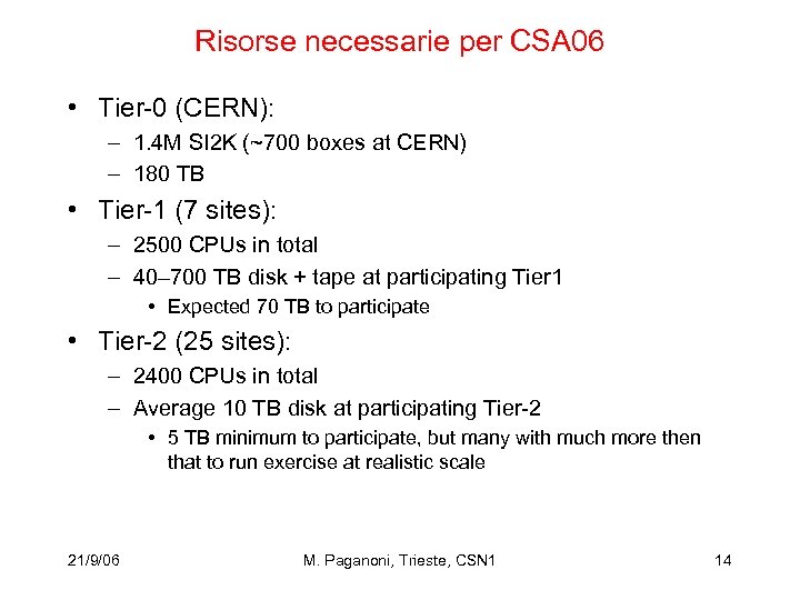 Risorse necessarie per CSA 06 • Tier-0 (CERN): – 1. 4 M SI 2