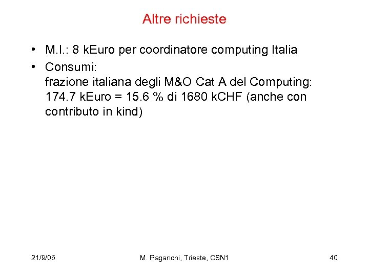 Altre richieste • M. I. : 8 k. Euro per coordinatore computing Italia •
