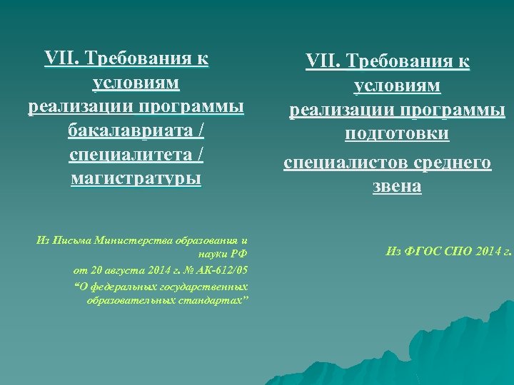 VII. Требования к условиям реализации программы бакалавриата / специалитета / магистратуры Из Письма Министерства