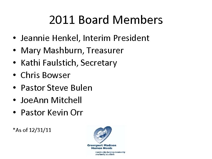 2011 Board Members • • Jeannie Henkel, Interim President Mary Mashburn, Treasurer Kathi Faulstich,