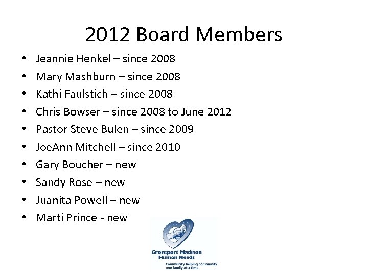 2012 Board Members • • • Jeannie Henkel – since 2008 Mary Mashburn –