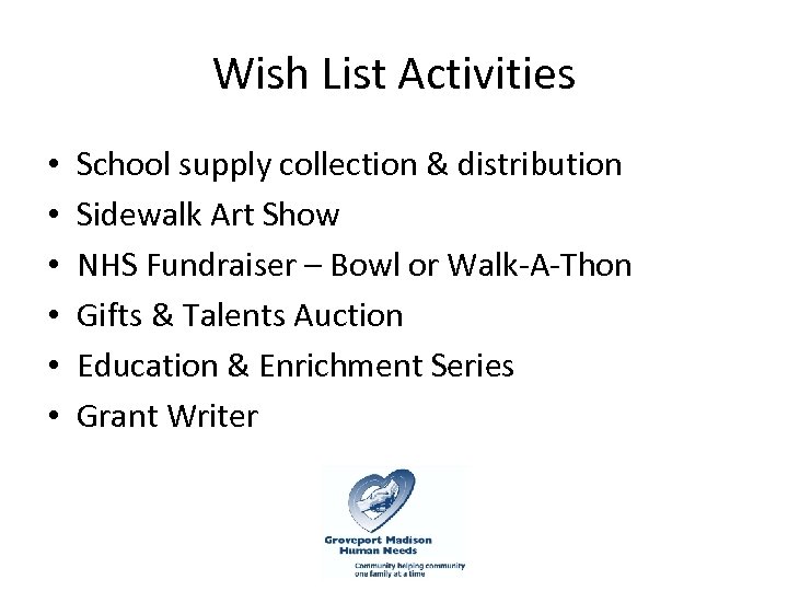 Wish List Activities • • • School supply collection & distribution Sidewalk Art Show