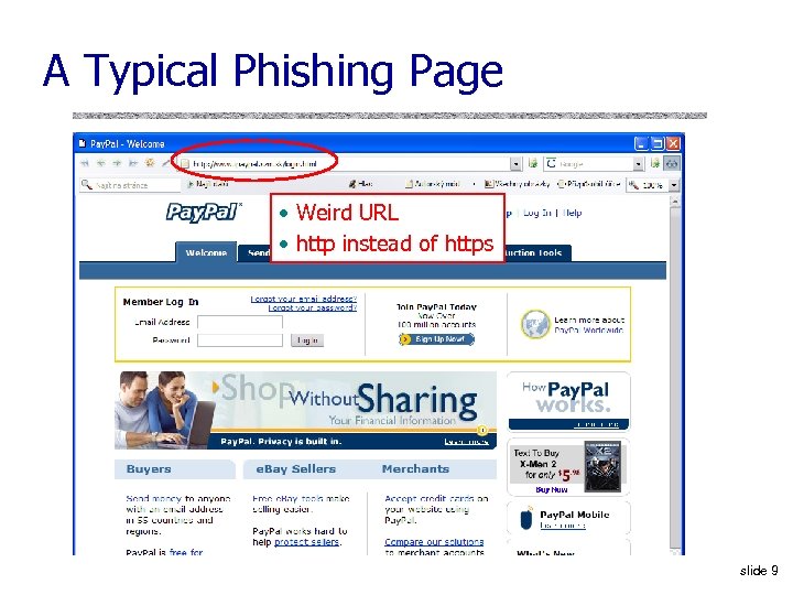 A Typical Phishing Page • Weird URL • http instead of https slide 9