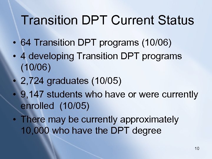 Transition DPT Current Status • 64 Transition DPT programs (10/06) Click to edit Master
