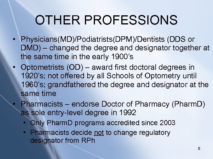 OTHER PROFESSIONS • Physicians(MD)/Podiatrists(DPM)/Dentists (DDS or DMD) – changed the degree and designator together