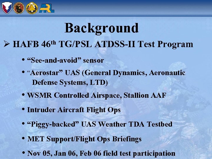 Background Ø HAFB 46 th TG/PSL ATDSS-II Test Program • “See-and-avoid” sensor • “Aerostar”