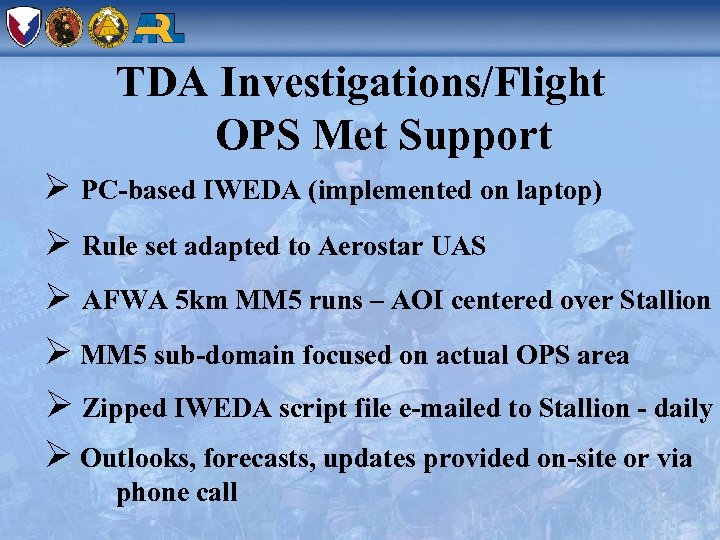 TDA Investigations/Flight OPS Met Support Ø PC-based IWEDA (implemented on laptop) Ø Rule set